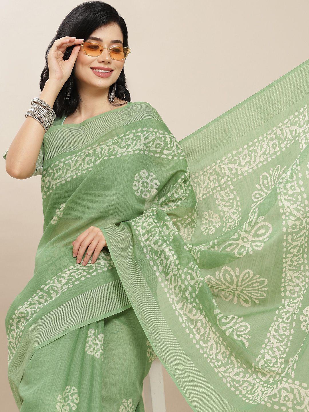 rajgranth green & off white ethnic motifs linen cotton saree