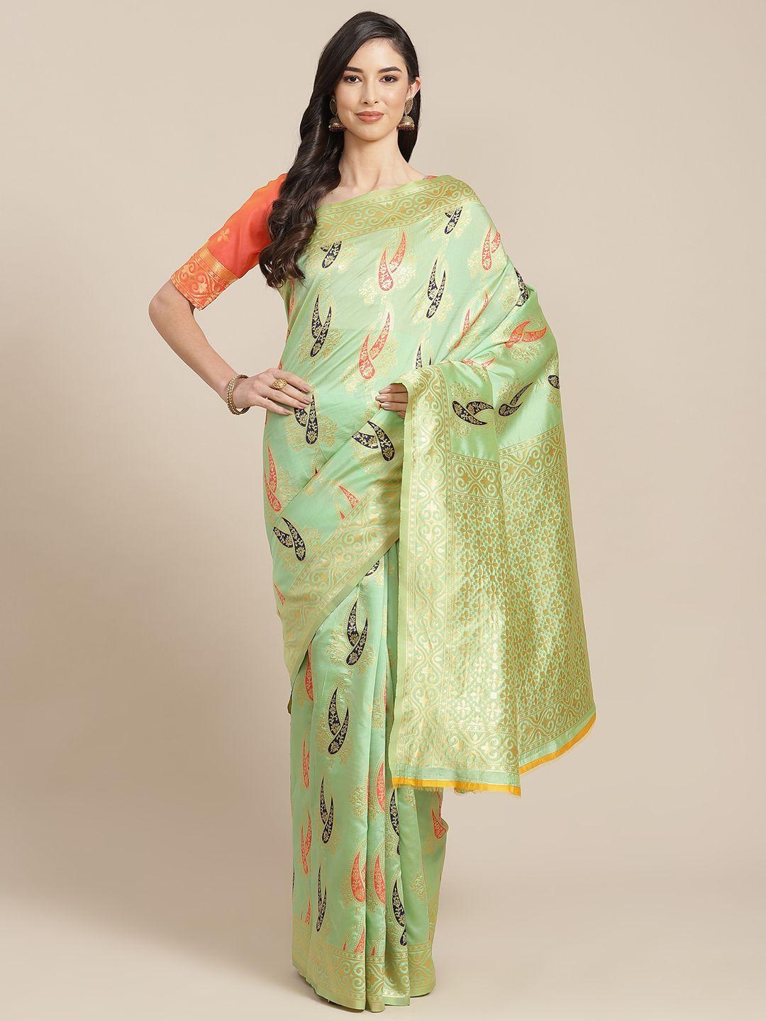 rajgranth green woven design silk cotton banarasi saree
