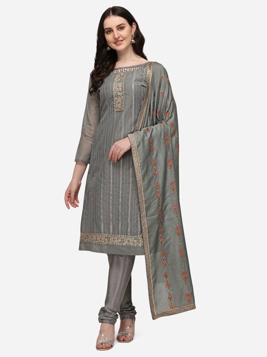 rajgranth grey & gold-toned embroidered unstitched dress material with embroidered duppata