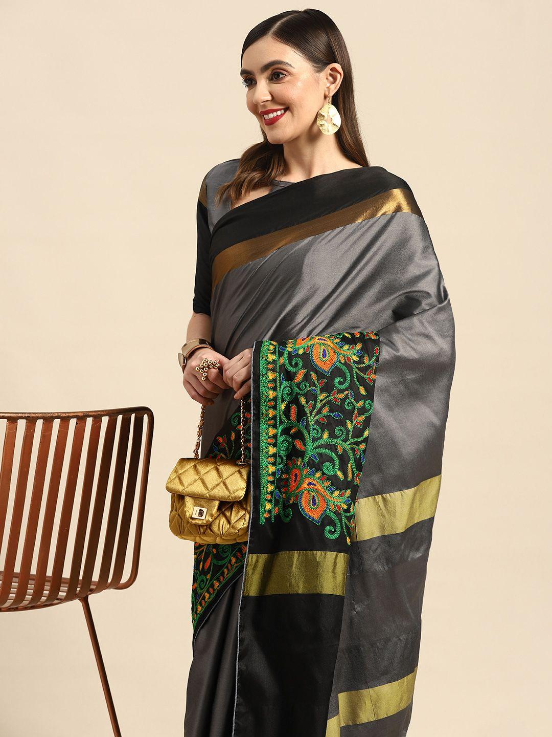 rajgranth grey floral embroidered silk cotton chanderi saree