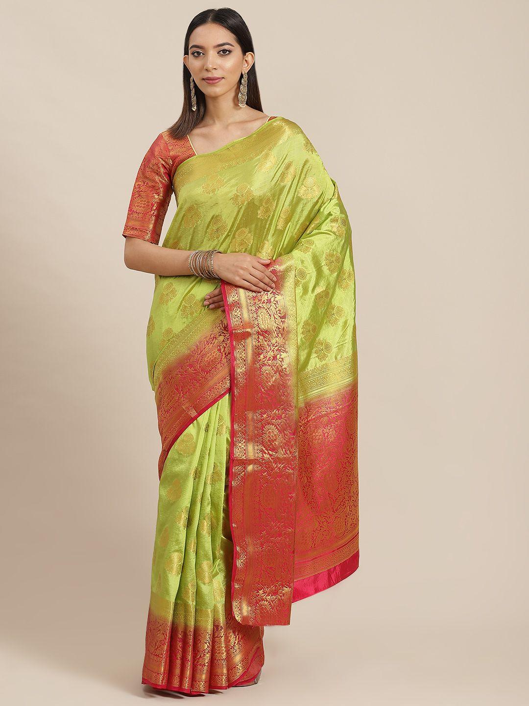 rajgranth lime green & red ethnic motifs ready to wear banarasi saree