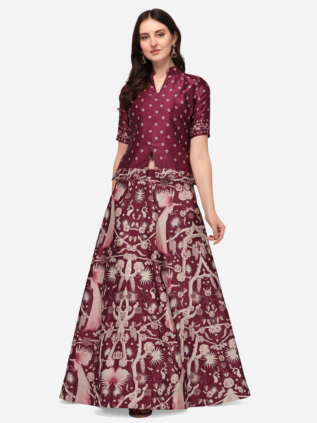 rajgranth maroon & white printed semi-stitched lehenga & unstitched