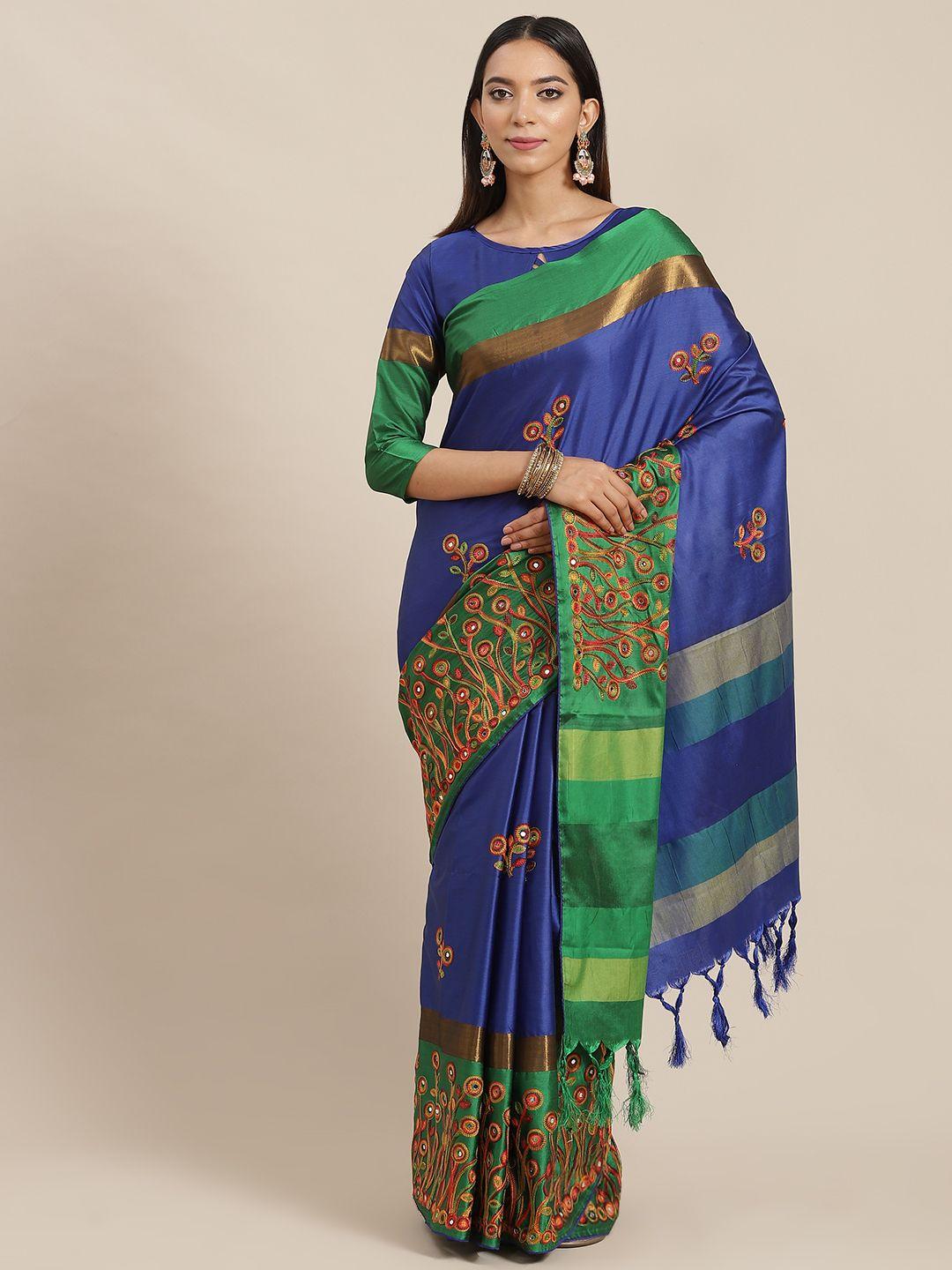 rajgranth navy blue & grey ethnic motifs silk cotton ready to wear saree