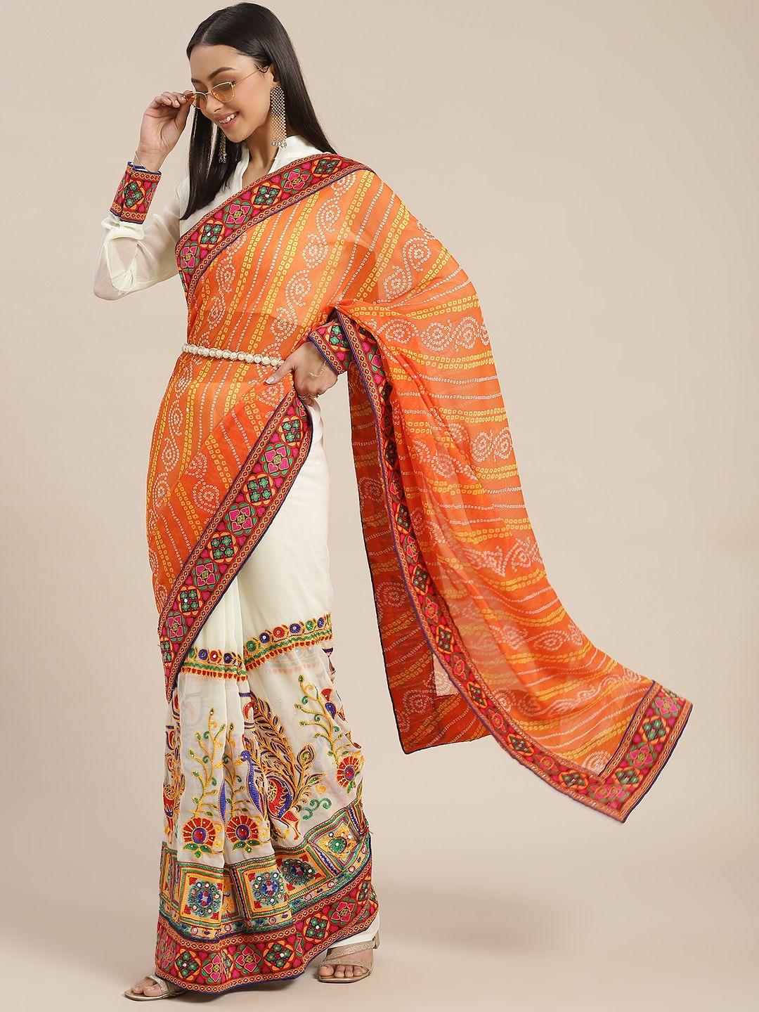 rajgranth orange & white bandhani embroidered half and half bandhani saree
