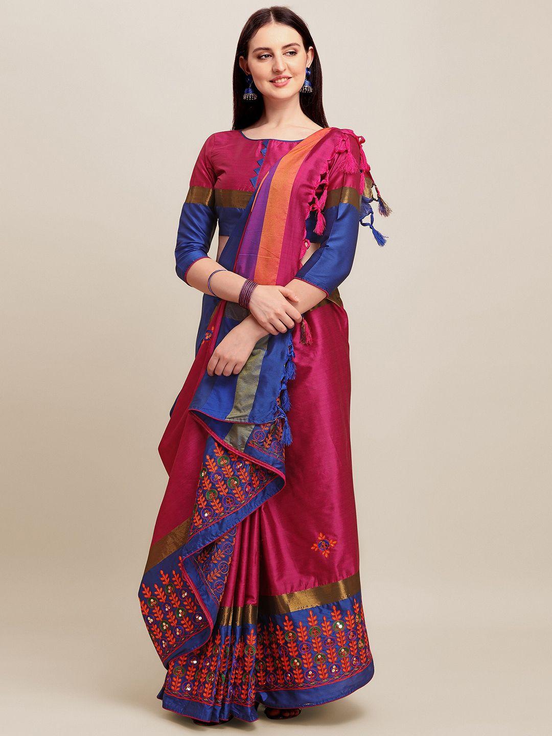 rajgranth pink & blue floral sequinned silk cotton heavy work saree