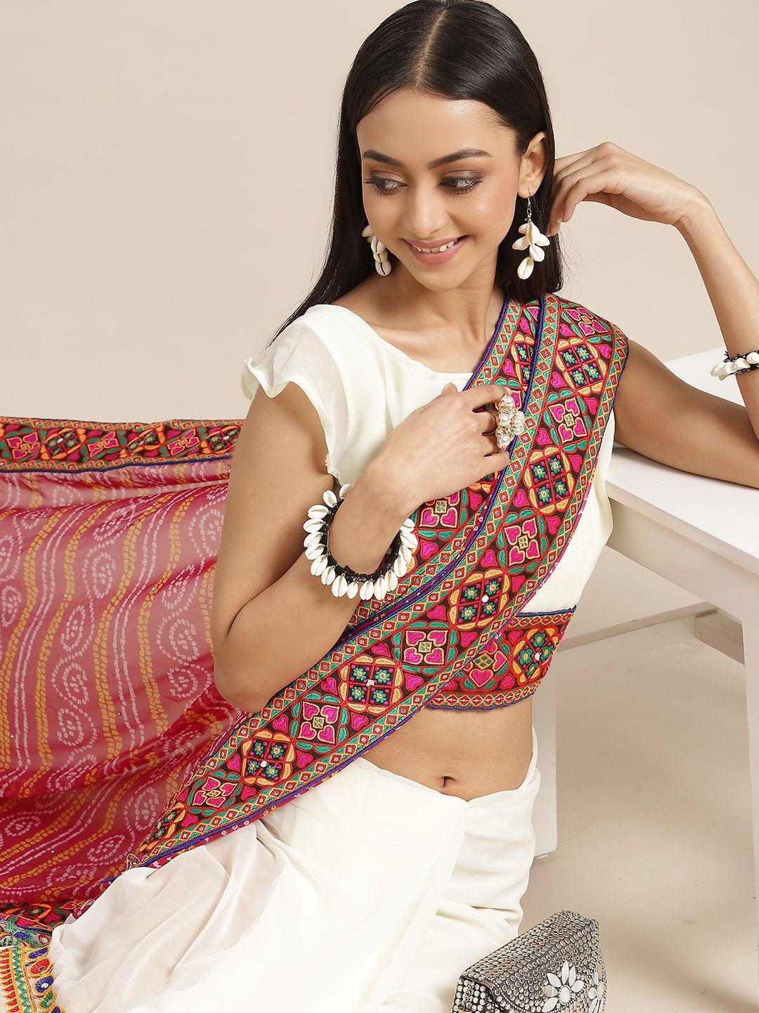 rajgranth pink & white ethnic motifs embroidered half and half bandhani saree