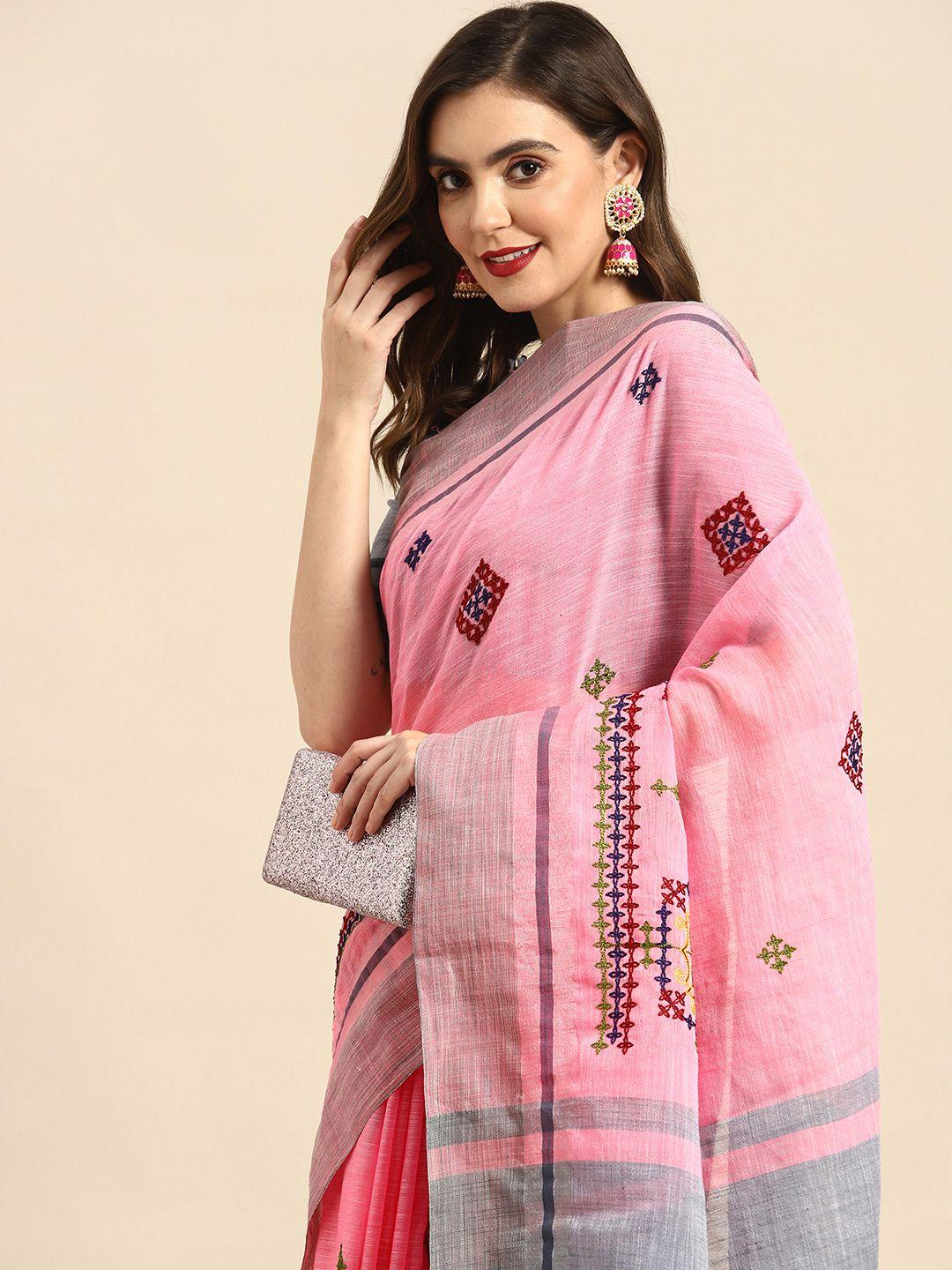 rajgranth pink ethnic motifs embroidered linen blend chanderi saree