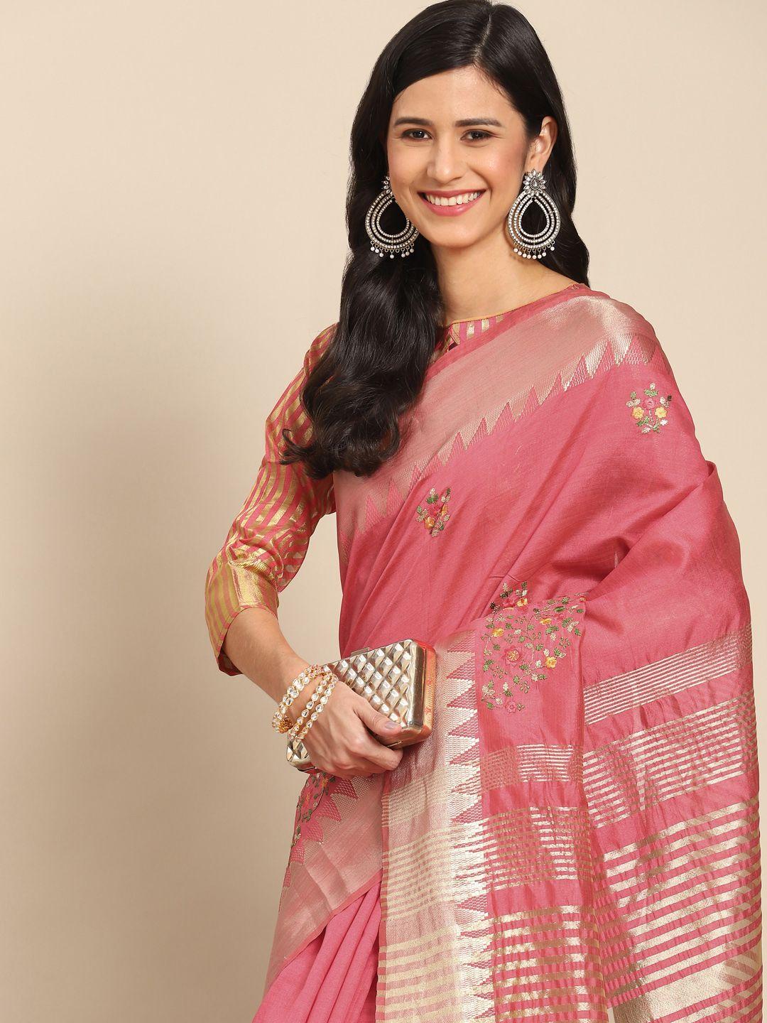rajgranth pink floral embroidered zari silk cotton saree