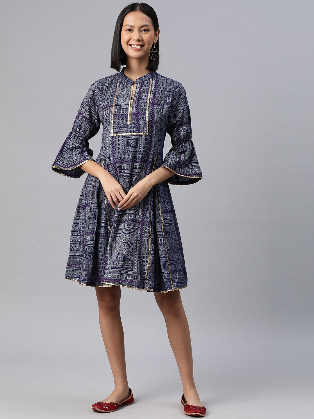 rajgranth print bell sleeve cotton a-line dress