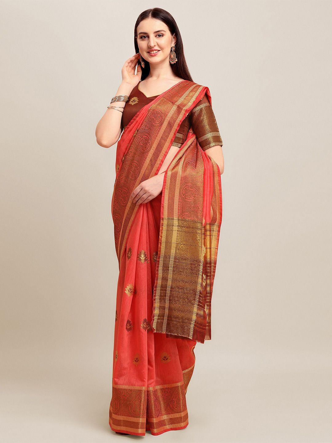 rajgranth red & gold-toned ethnic motifs zari linen cotton silk saree