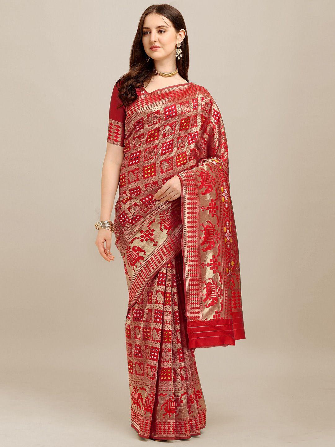 rajgranth red & gold-toned ethnic motifs zari silk cotton designer banarasi saree