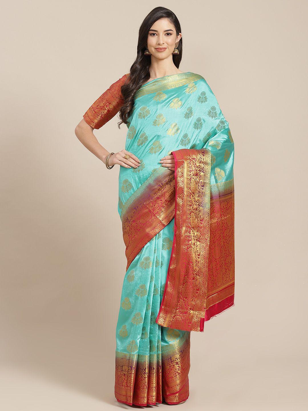 rajgranth turquoise blue & red ethnic motifs zari banarasi saree