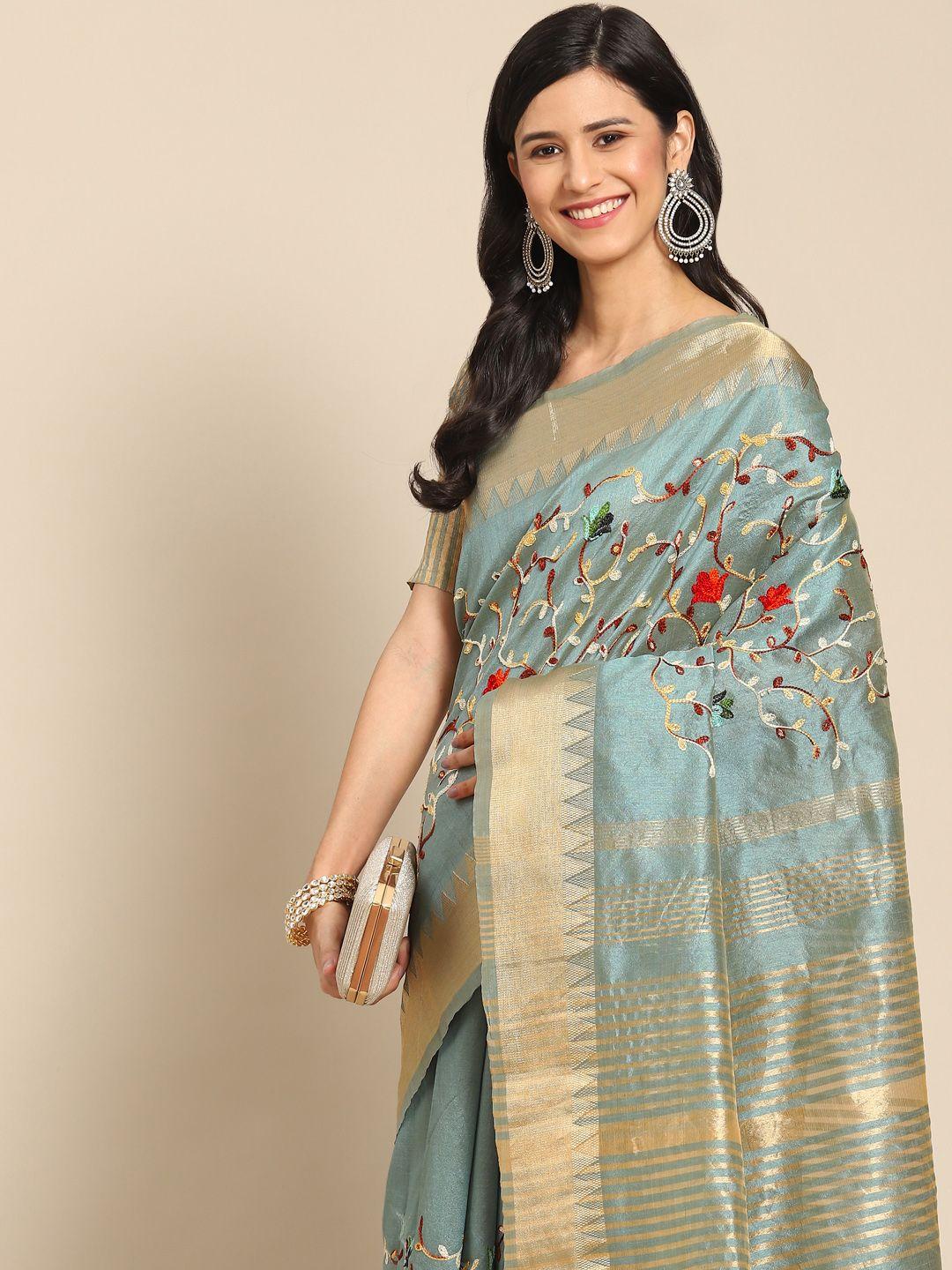 rajgranth turquoise blue floral embroidered zari saree