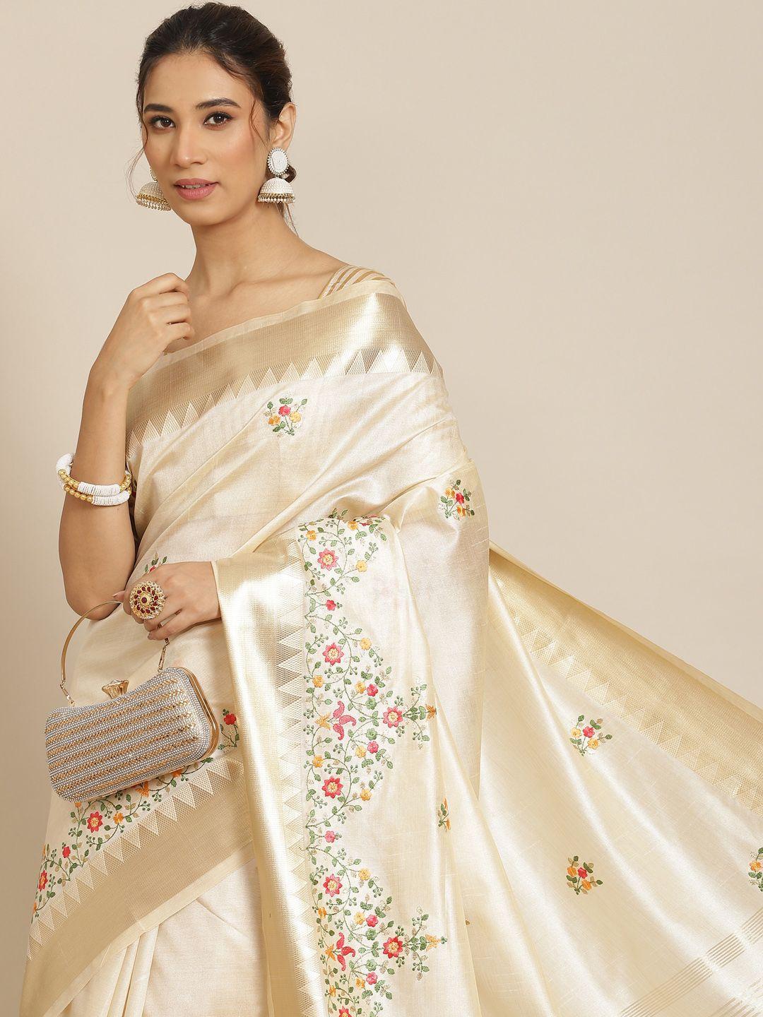 rajgranth white & golden floral embroidered silk cotton saree