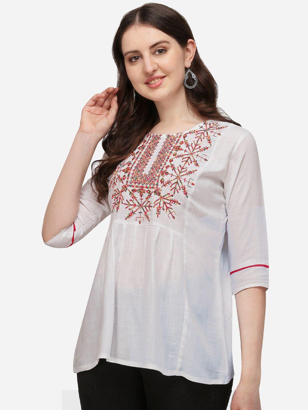 rajgranth white & red floral embroidered kurti