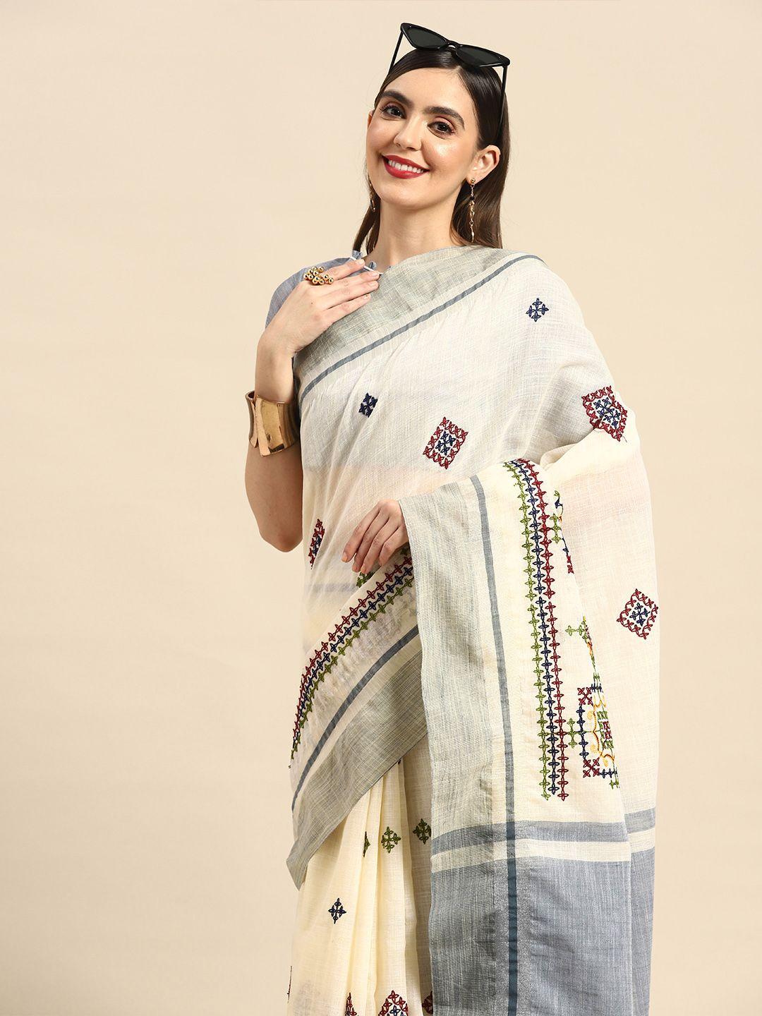 rajgranth white ethnic motifs embroidered linen blend chanderi saree