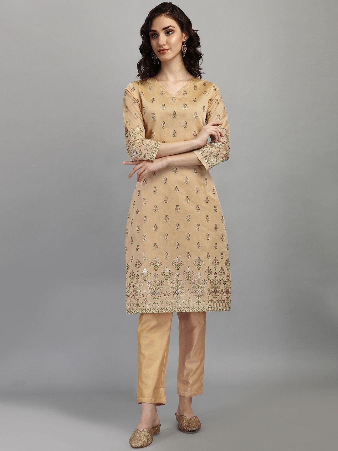 rajgranth women beige ethnic motifs printed chanderi silk kurta with trousers