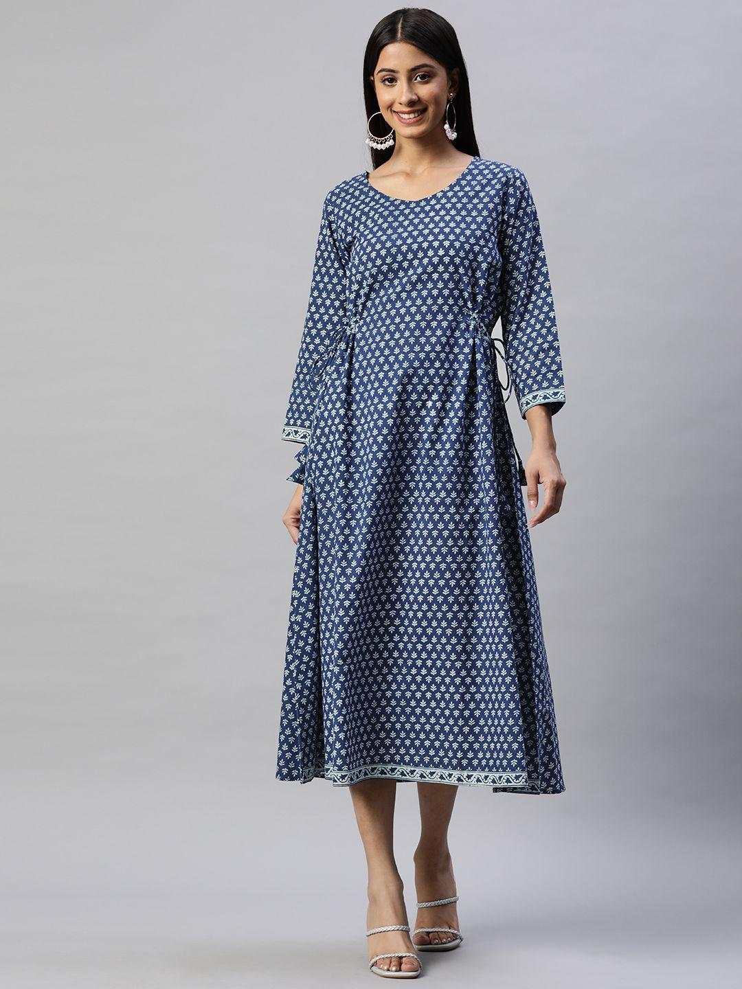 rajgranth women blue & white ethnic motifs printed pure cotton a-line midi dress