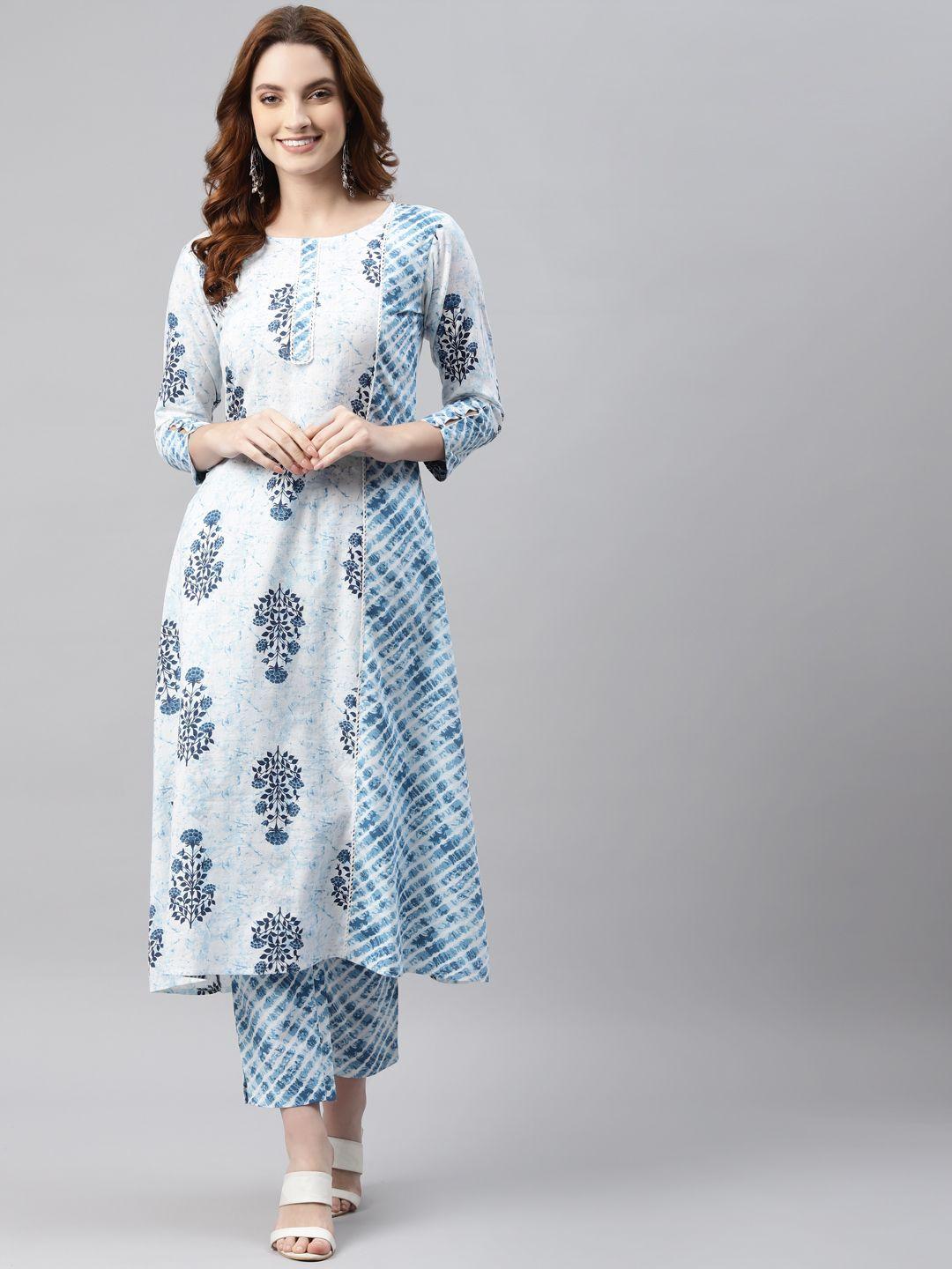 rajgranth women blue & white ethnic motifs printed pure cotton kurta with trousers