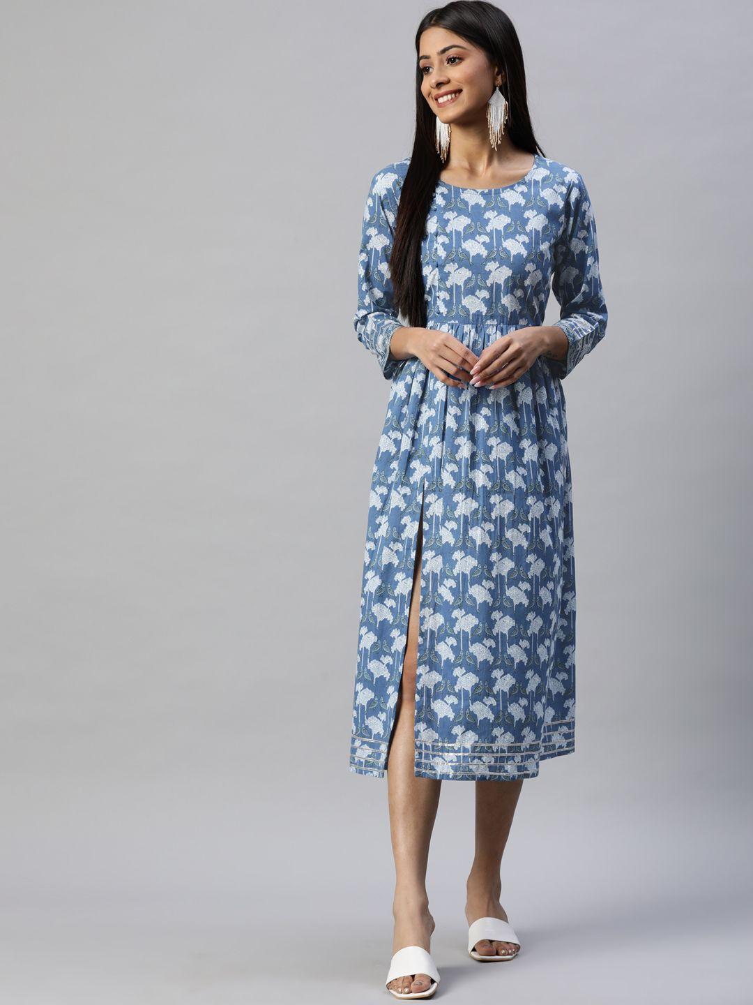 rajgranth women blue & white printed pure cotton a-line midi dress