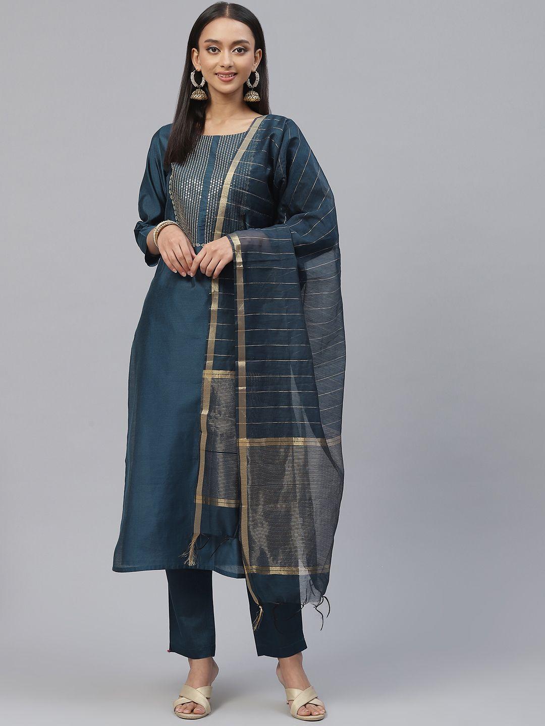 rajgranth women blue embroidered sequinned kurta with trousers & with dupatta