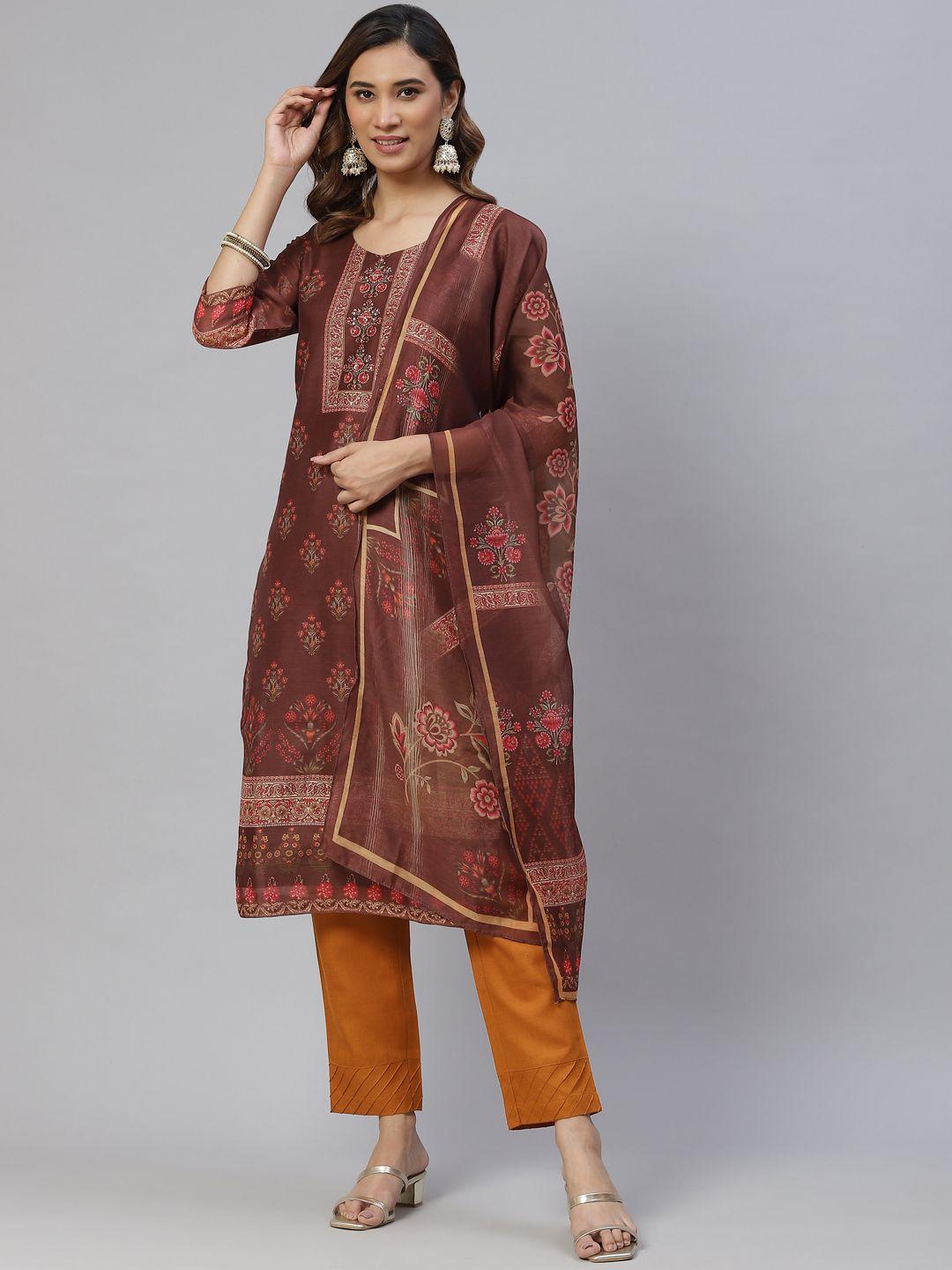 rajgranth women brown floral printed sequinned chanderi silk kurta with trousers & with dupatta