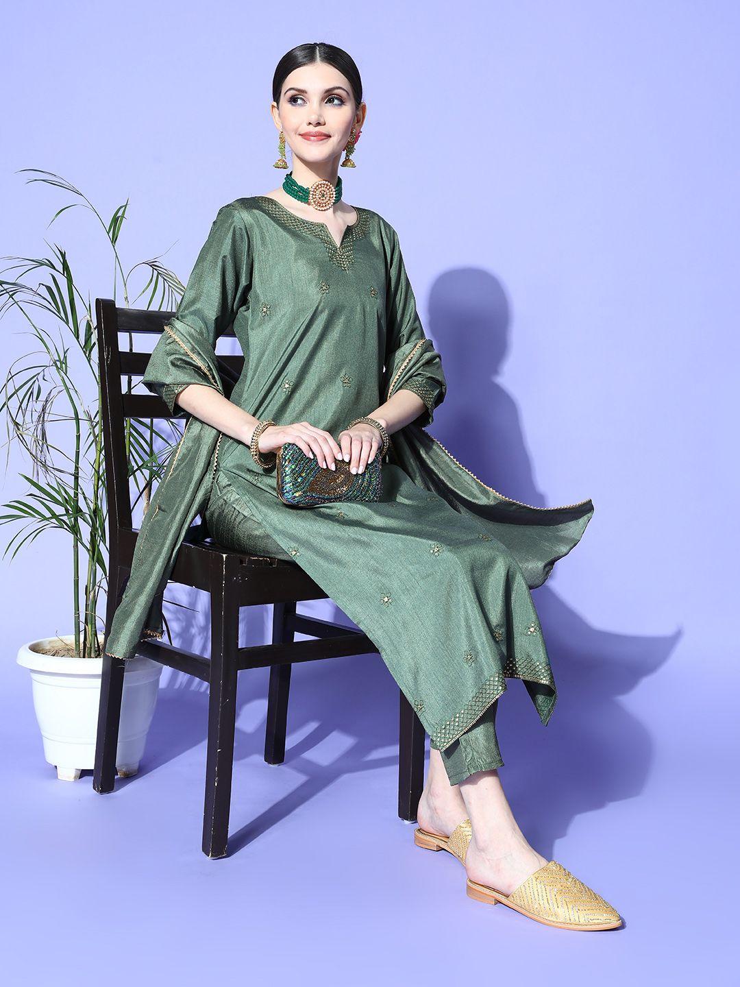 rajgranth women green embroidered sequinned silk chiffon kurta with trousers & with dupatta