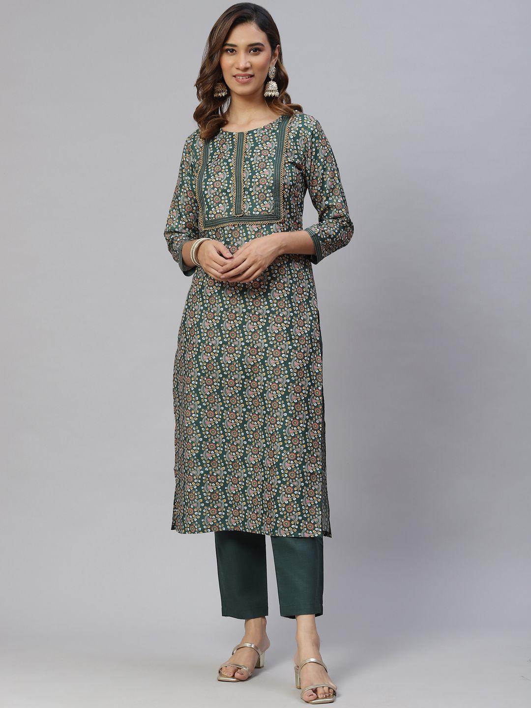 rajgranth women green printed gotta patti kurta with trousers