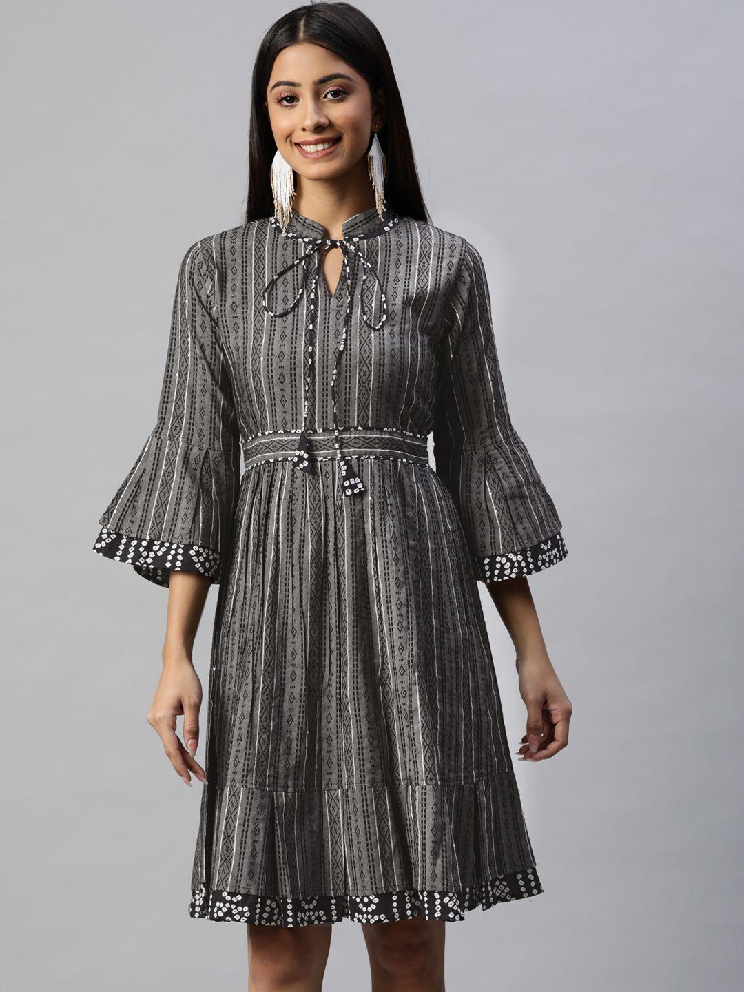 rajgranth women grey & black striped pure cotton a-line midi dress