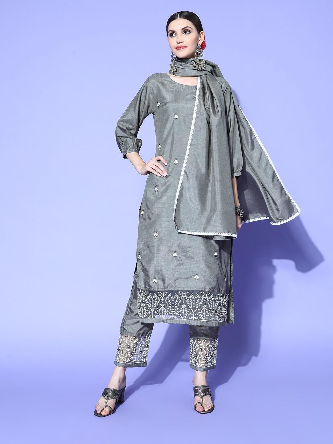 rajgranth women grey embroidered silk chiffon kurta with trousers & with dupatta