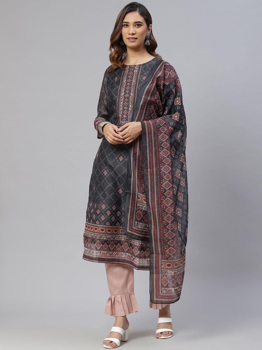 rajgranth women grey sequinned chanderi silk kurta with trousers & with dupatta