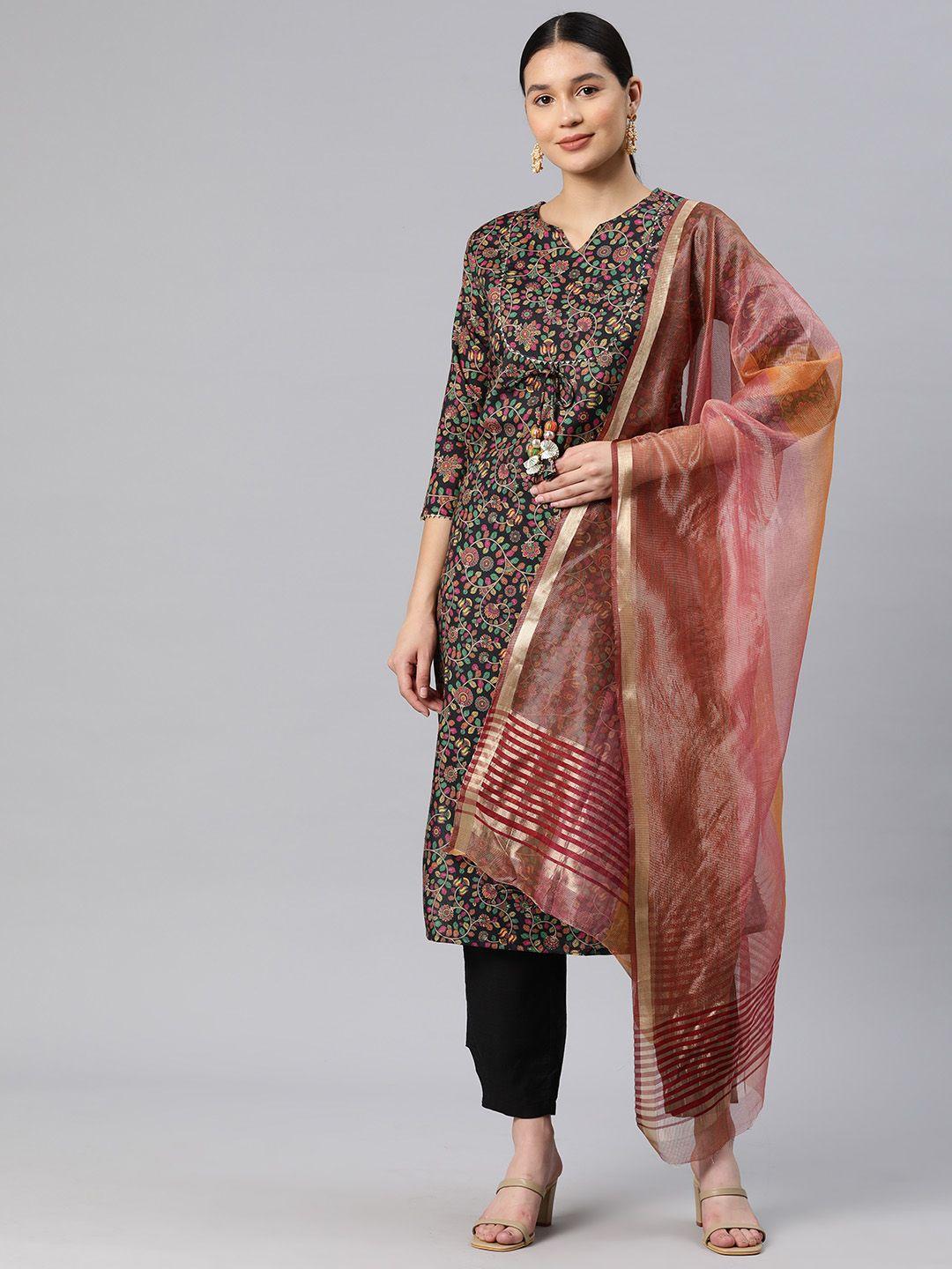 rajgranth women kalamkari floral printed regular gotta patti kurta with trousers & dupatta