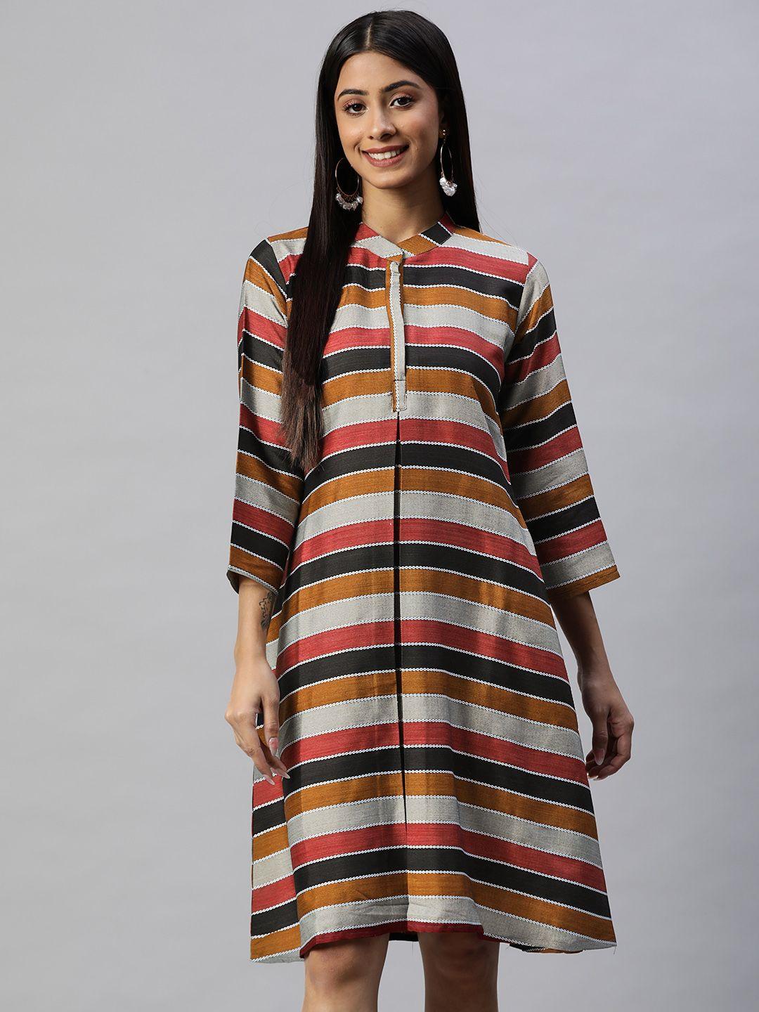 rajgranth women maroon & black striped a-line dress