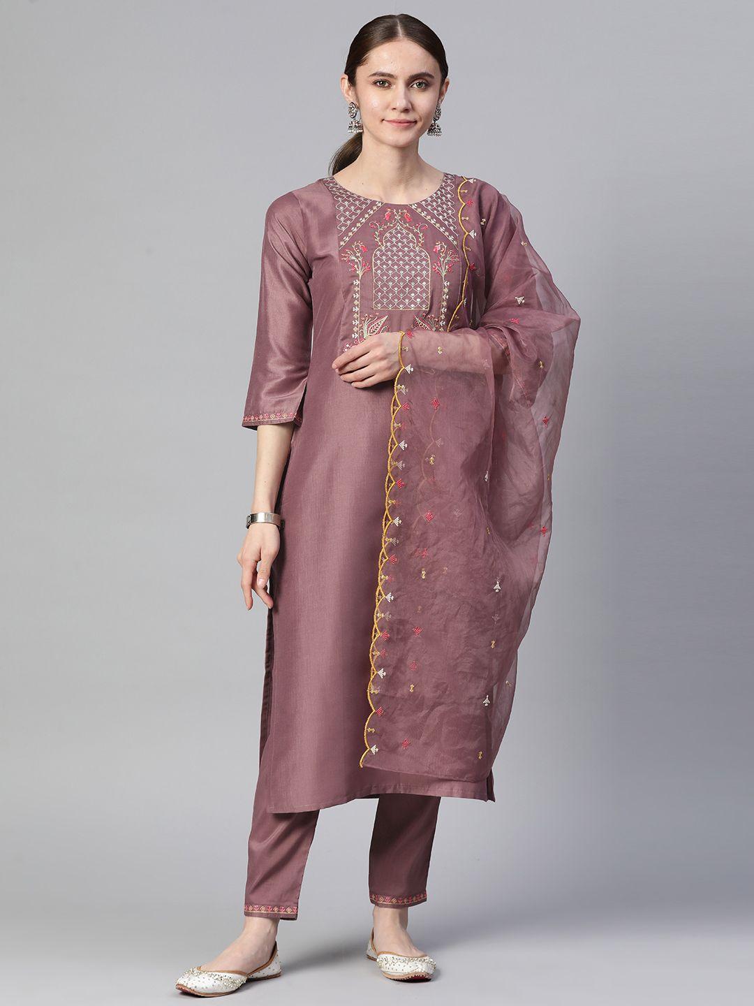rajgranth women mauve floral embroidered sequinned kurta with trousers & with dupatta