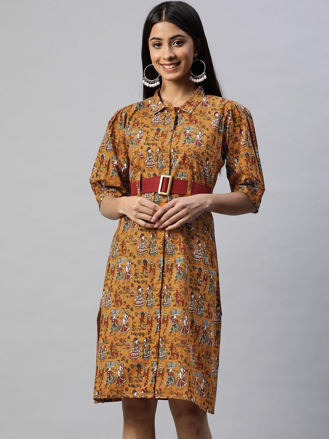 rajgranth women mustard yellow & red ethnic printed pure cotton shirt dress