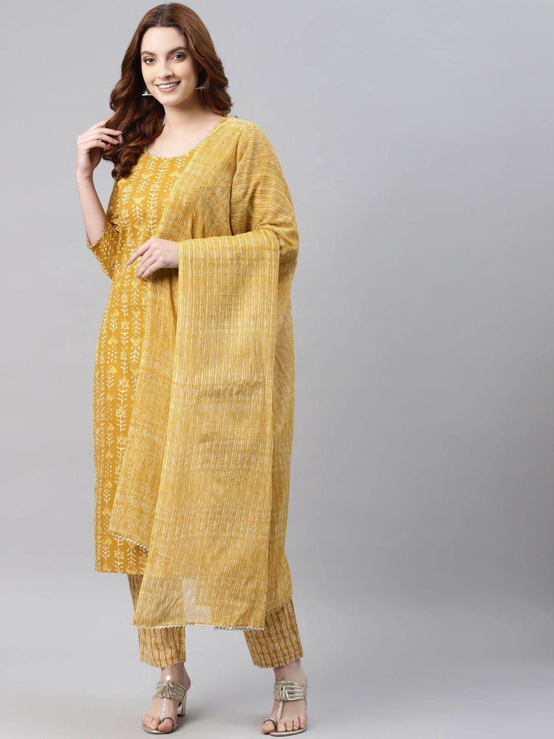 rajgranth women mustard yellow printed pure cotton kurta with trousers & dupatta