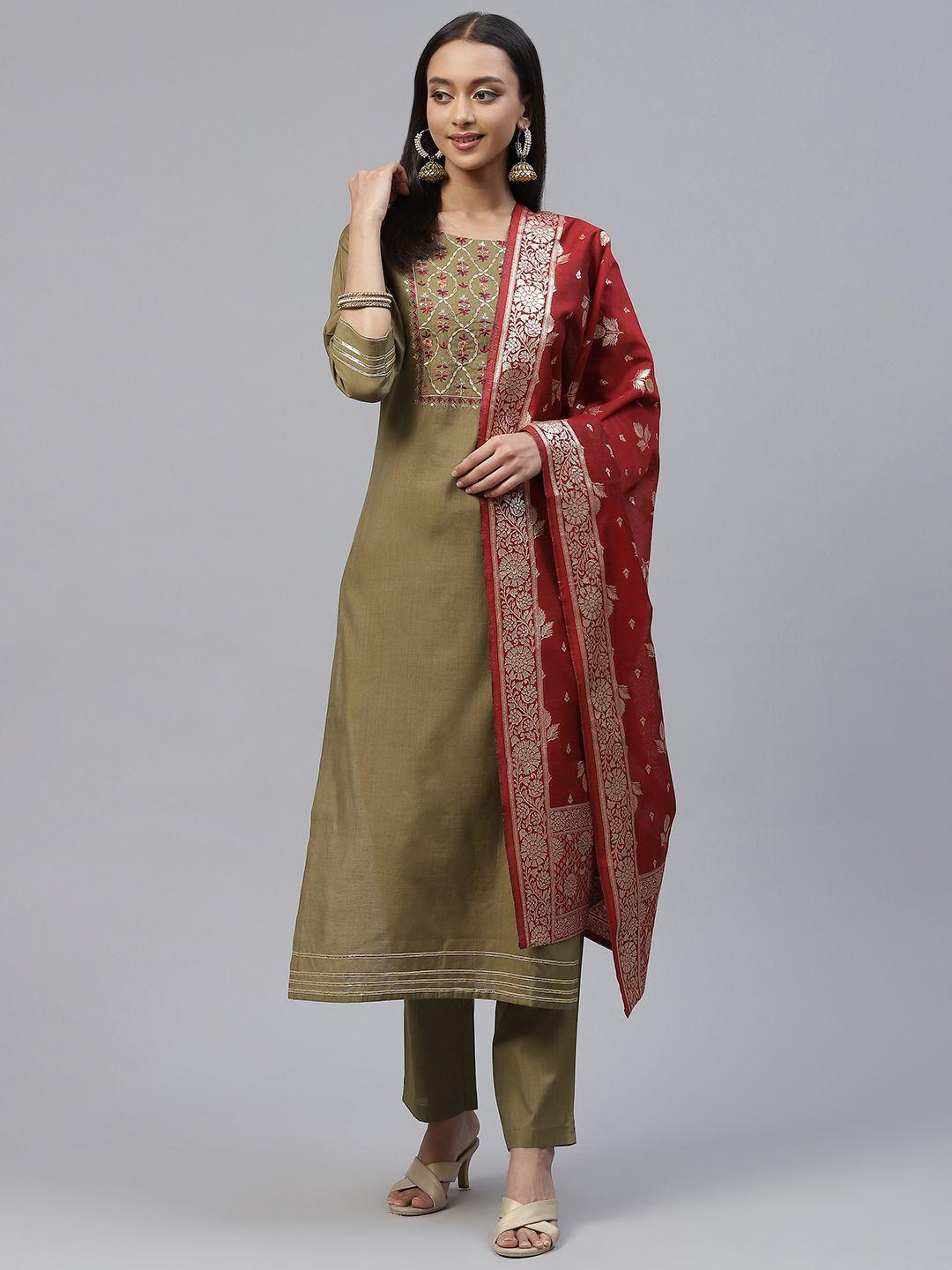 rajgranth women olive green floral embroidered thread work kurta with trousers & with dupatta