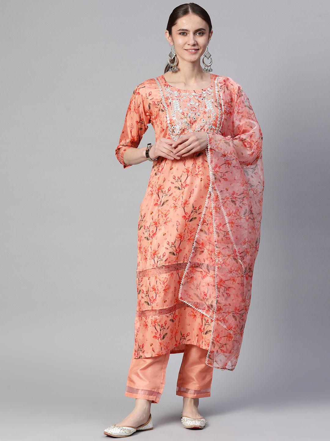 rajgranth women peach-coloured floral embroidered mirror work silk chiffon kurta with trousers & with