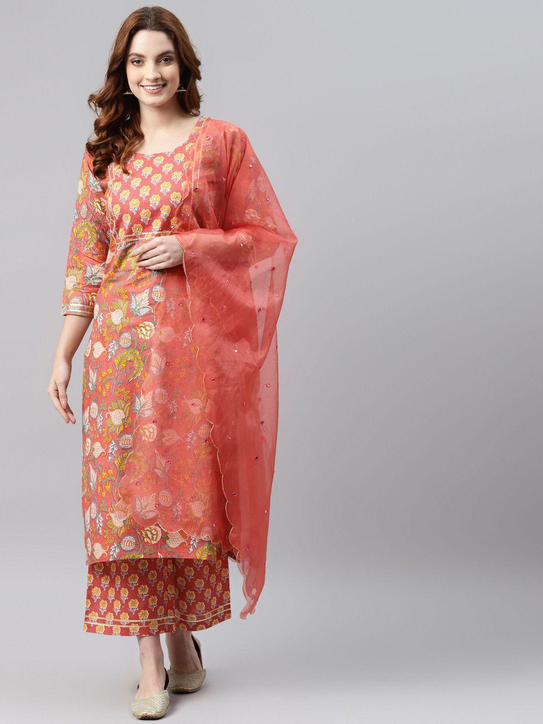 rajgranth women peach-coloured pure cotton floral printed kurta with palazzos & dupatta