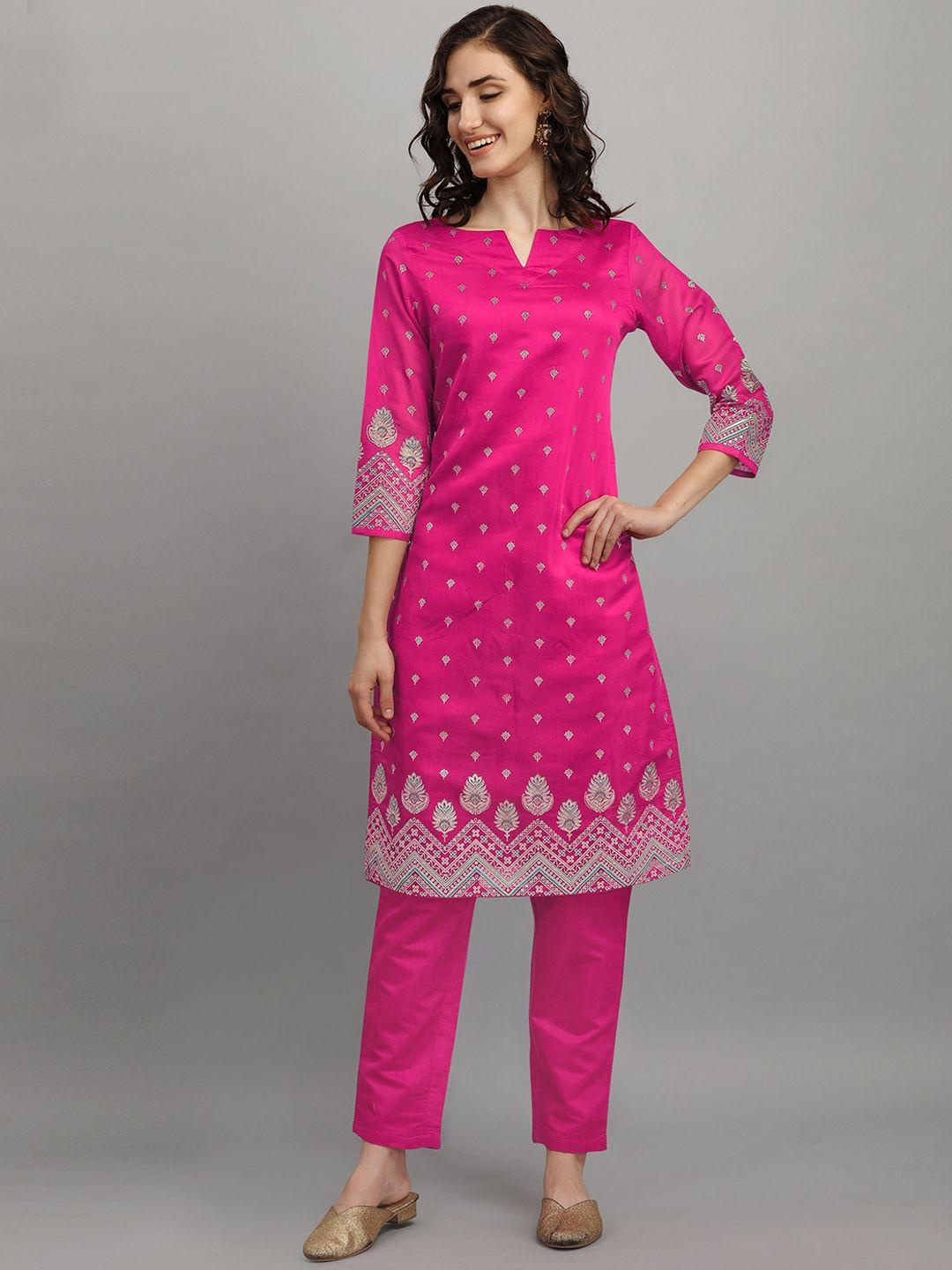 rajgranth women pink ethnic motifs printed chanderi silk kurta with trousers