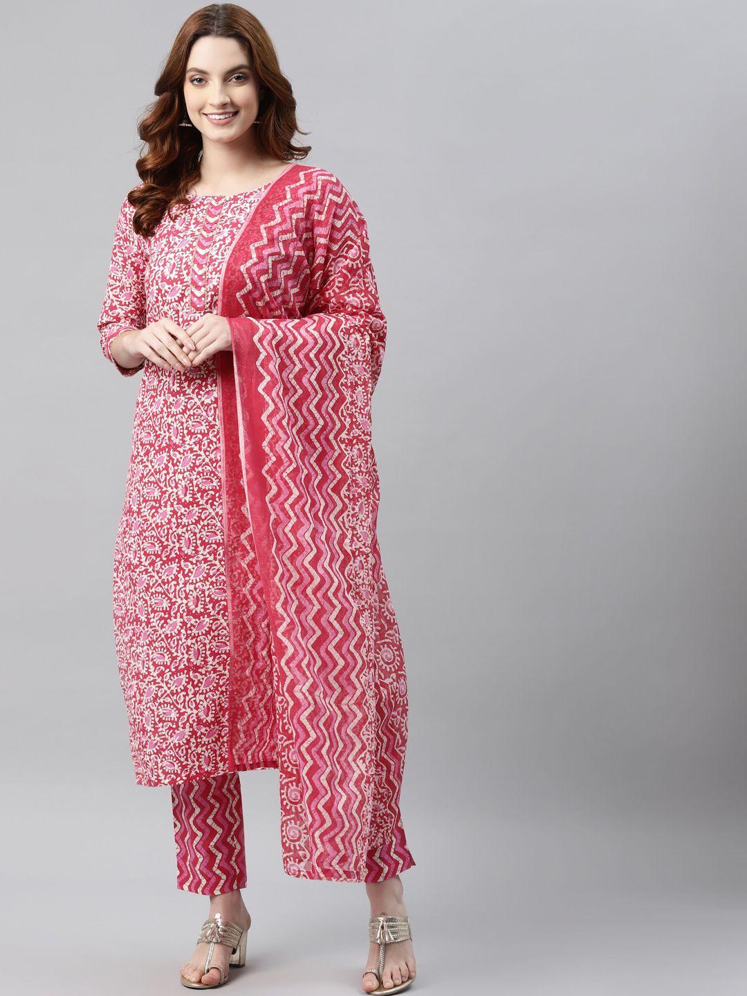 rajgranth women pink ethnic motifs printed pure cotton kurta with trousers & dupatta