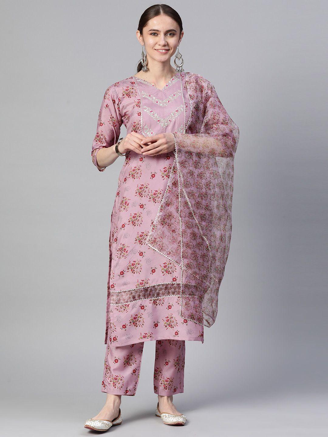 rajgranth women pink floral embroidered gotta patti silk chiffon kurta with trousers & with dupatta