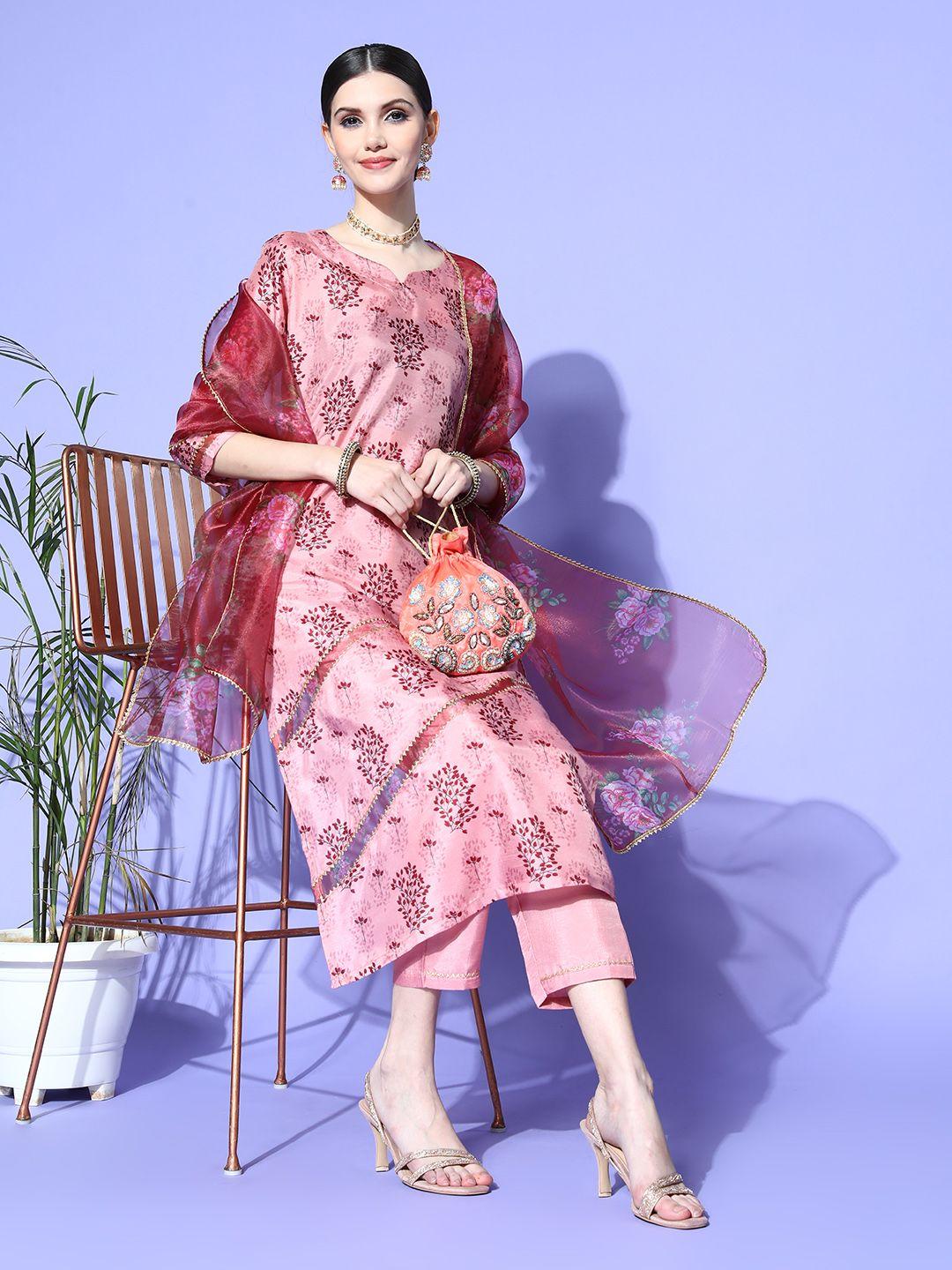 rajgranth women pink silk chiffon kurta with trousers & with dupatta