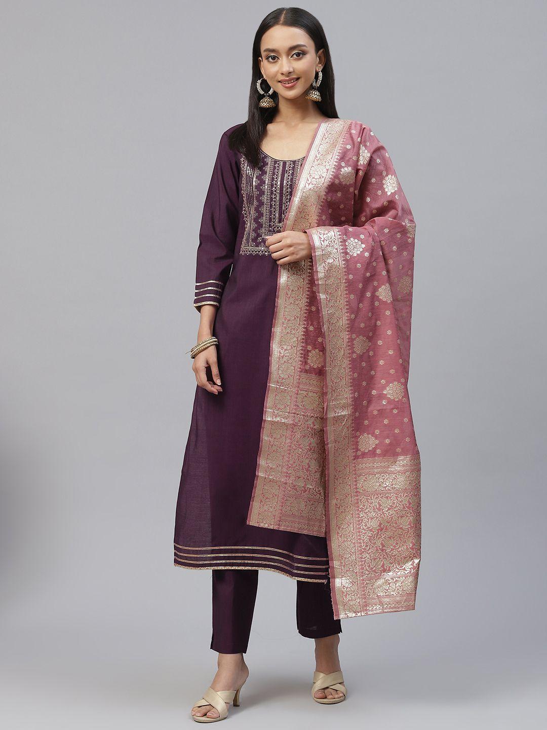 rajgranth women purple embroidered sequinned kurta with trousers & with dupatta