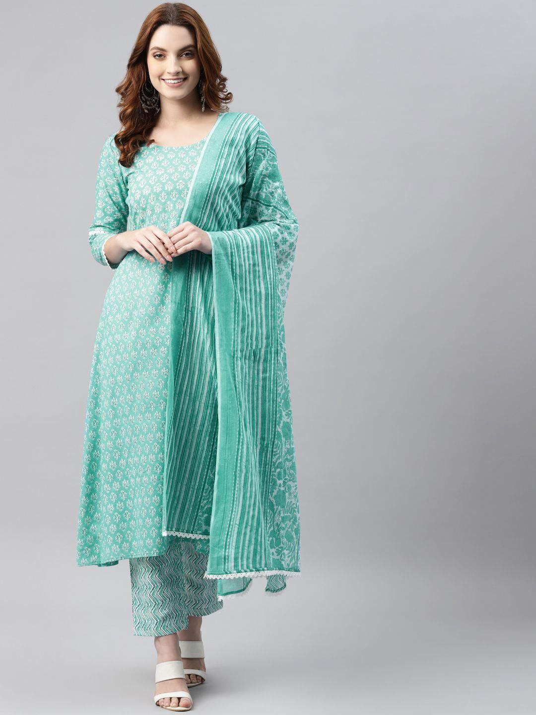 rajgranth women sea green & white printed pure cotton kurta with trousers &  dupatta