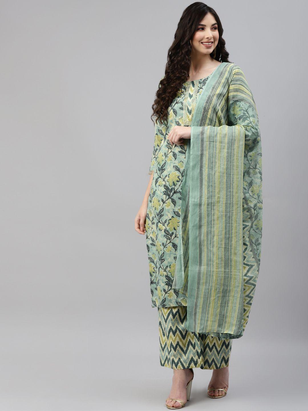 rajgranth women turquoise blue floral printed pure cotton kurta with palazzos & with dupatta