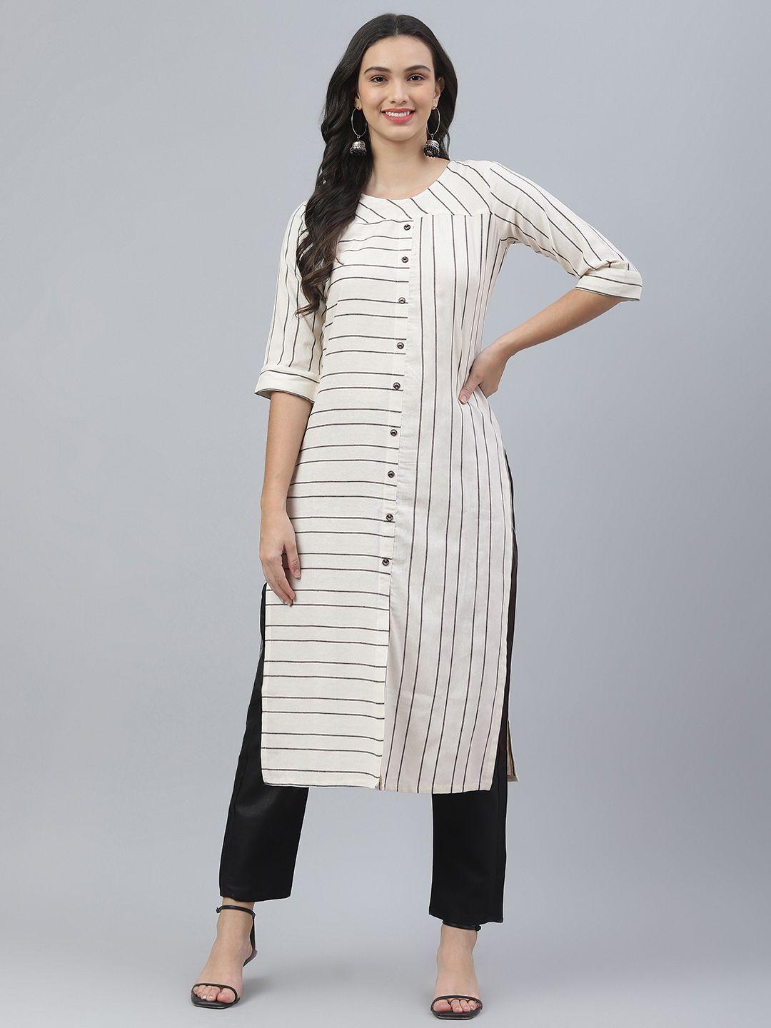 rajgranth women white & black striped kurta with trousers