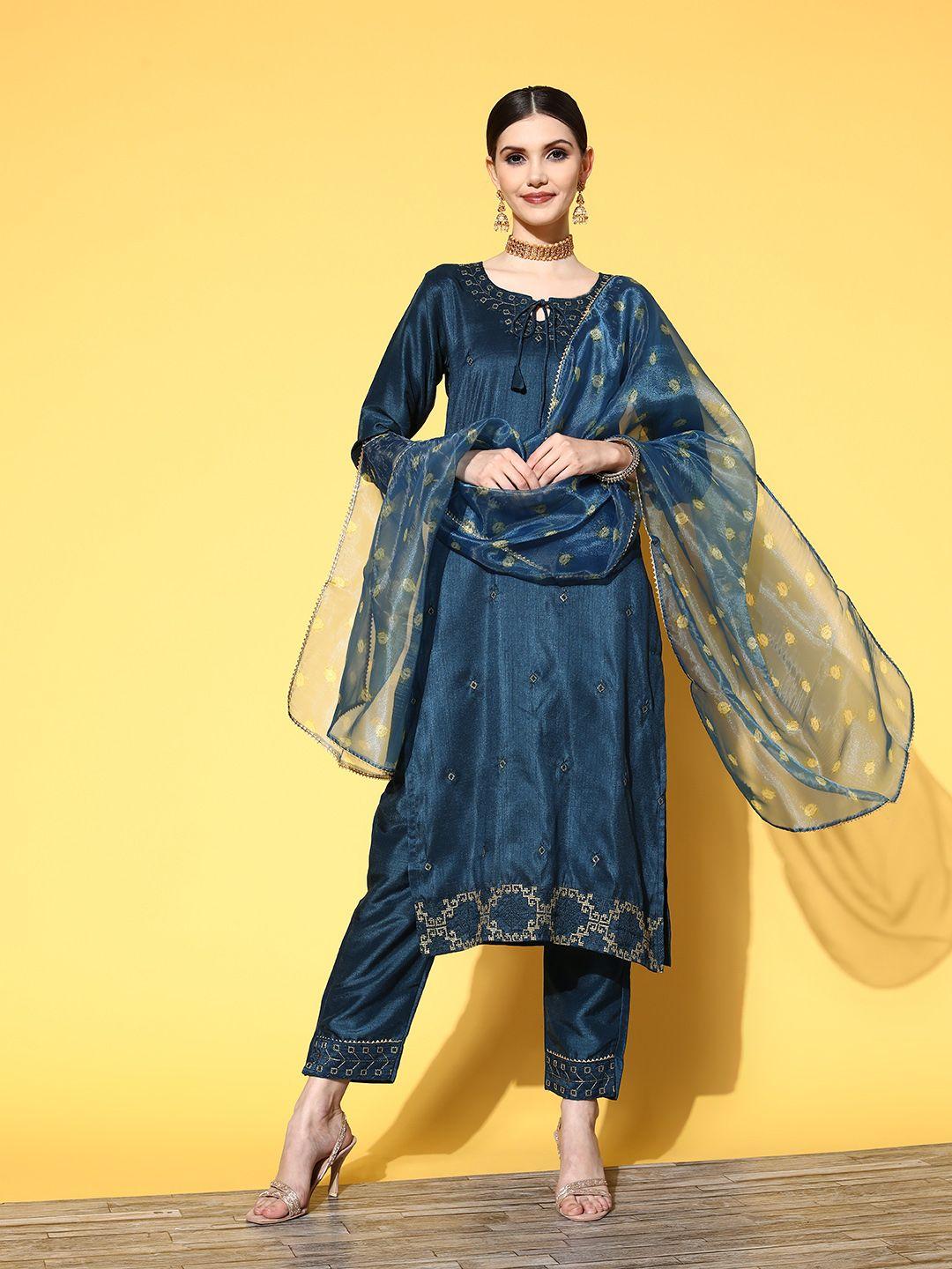 rajgranth women woven design silk chiffon fluid tie-up kurta set
