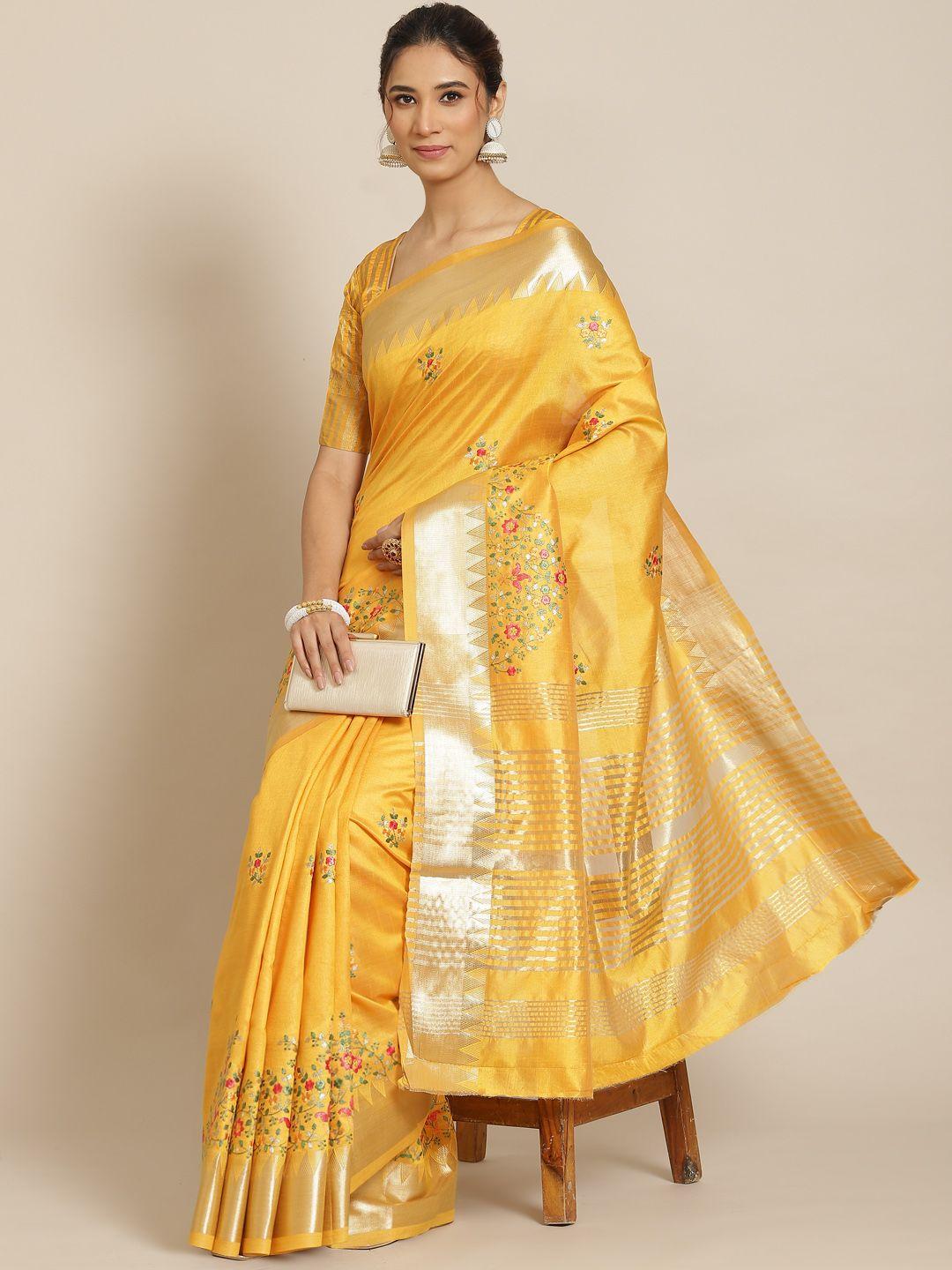 rajgranth yellow & golden floral silk cotton saree