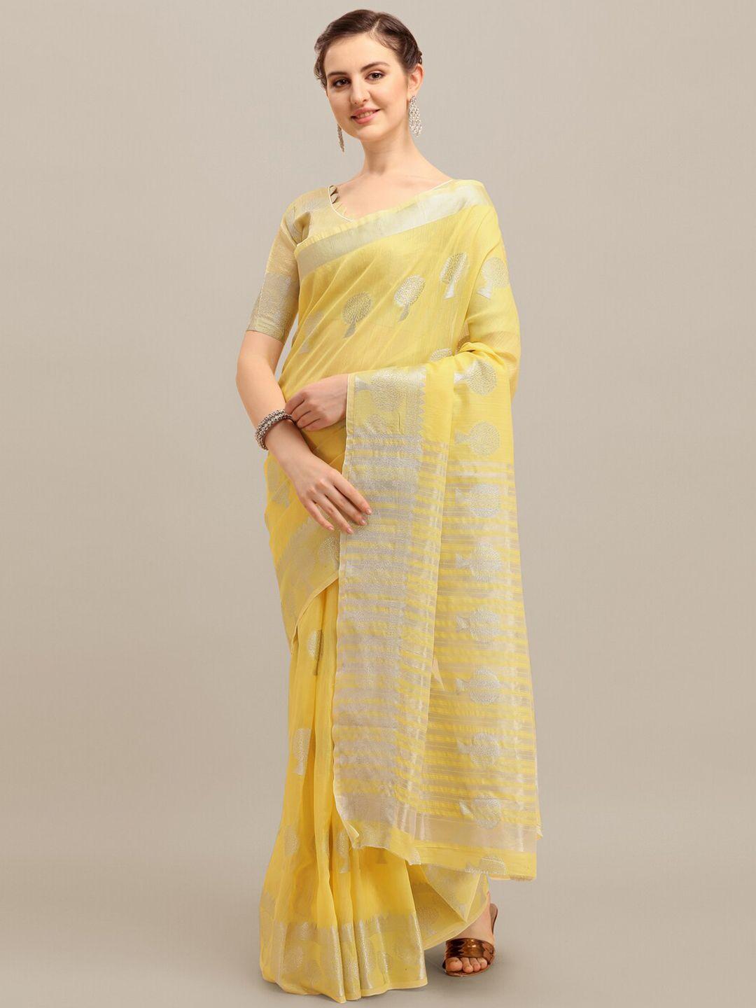 rajgranth yellow & silver-toned floral zari silk cotton banarasi saree